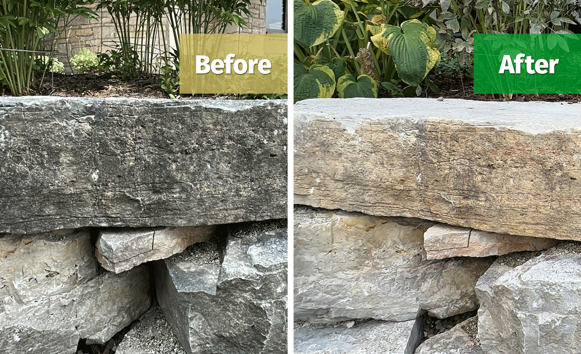 Retaining wall before and after a Stain Erasers clean